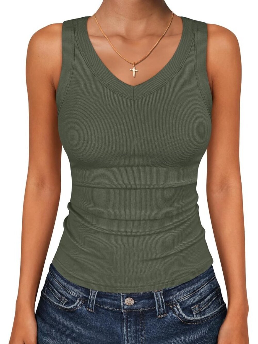 Women's Green V-neck Ribbed Knit Slim Fitted Sleeveless Summer Tank Top